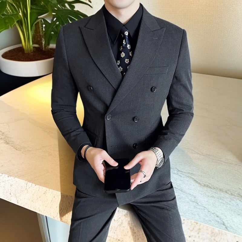 戗驳领双排扣西服套装男春秋韩版英伦修身小西装男士商务休闲新郎