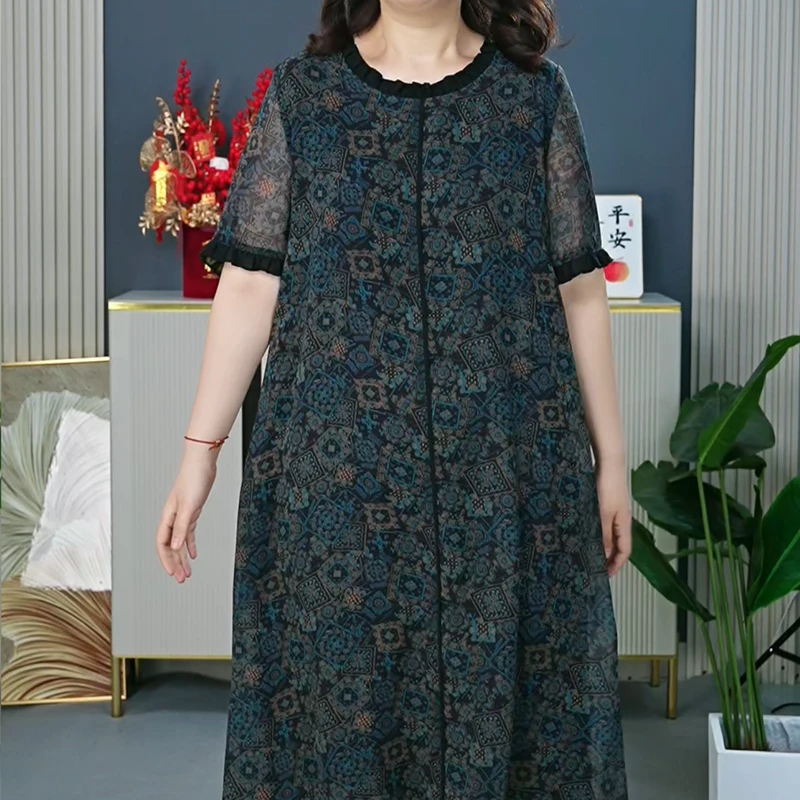 夏季款大码女装短袖气质圆领显瘦遮腰连衣裙0039