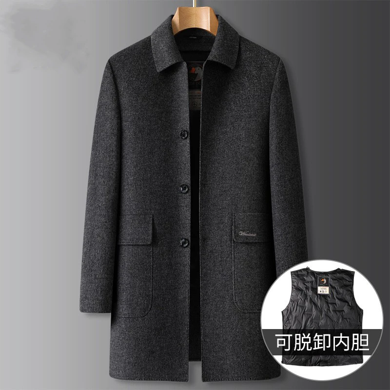 秋冬季长款羊毛呢大衣加肥加大码男装中年休闲可拆卸内胆呢子外套