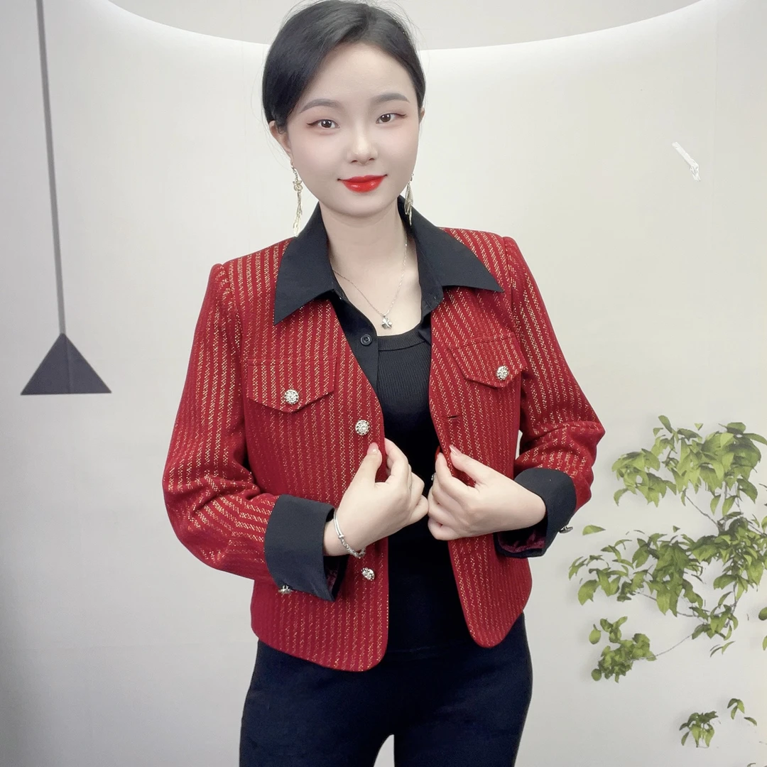 2024冬季新款气质高级感轻奢衬衣领撞色拼接假两件小香风精致外套