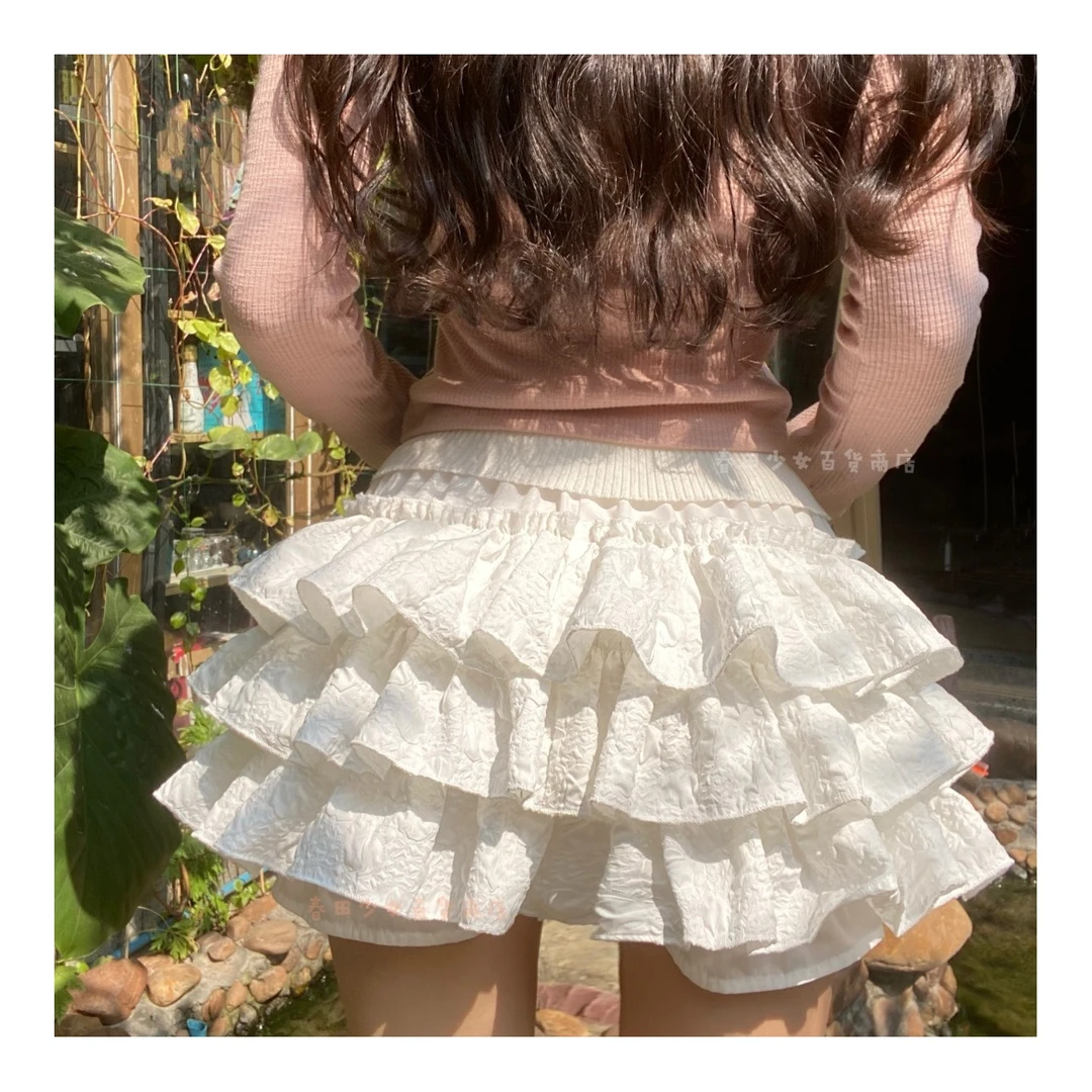 压皱蛋糕裙蓬蓬裙防走光纯欲百搭遮肉显腿长小个子女半身白色短裙
