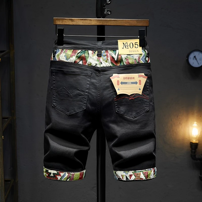 夏季薄款个性拼接破洞五分牛仔短裤男士修身弹力印花刺绣5分中裤