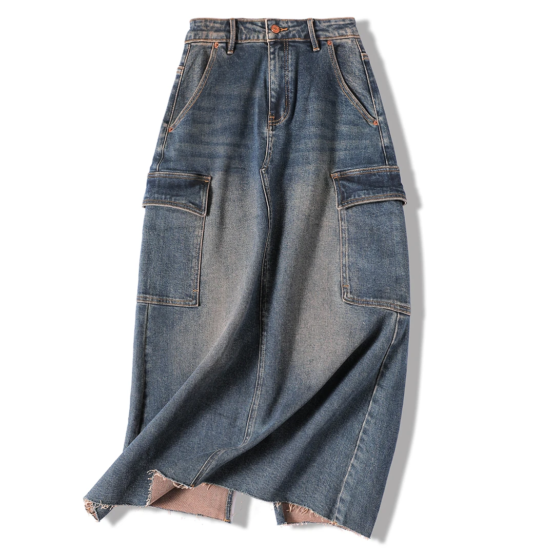 99631 时尚百搭！棉！复古时尚个性做旧毛边口袋高腰牛仔半身裙
