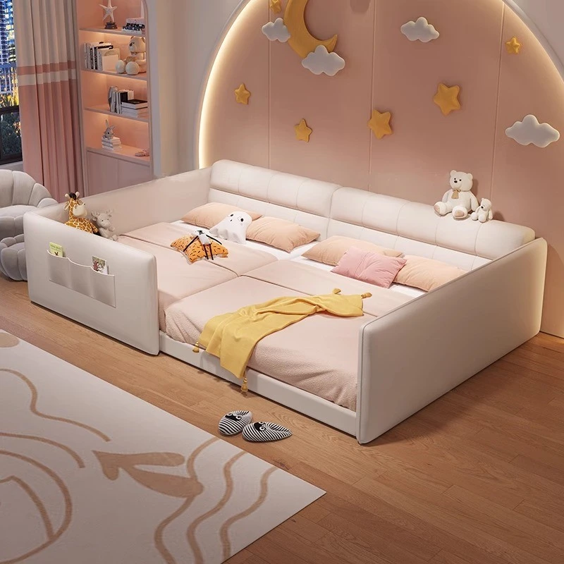 简约二胎家庭双人子母大床轻奢一家四口榻榻米带护栏拼接实木皮艺