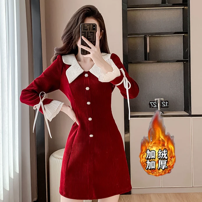 娃娃领红色小香风连衣裙秋冬新款小个子贵气千金高级感裙子女1421
