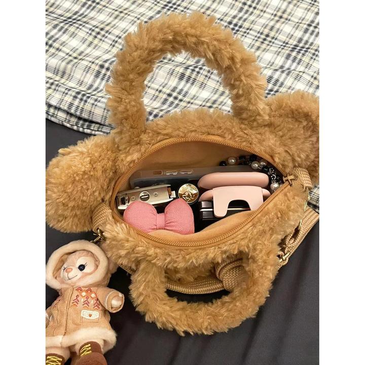 达菲熊包包女2024新款百搭小熊毛毛包大容量毛绒手提包双肩斜跨包