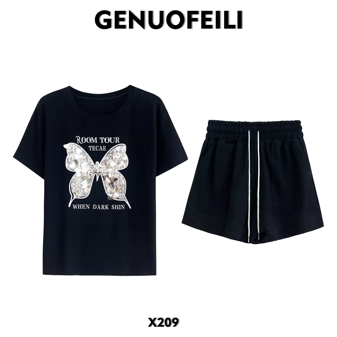 重工烫钻亮片蝴蝶结休闲圆领短袖套装 夏季宽松休闲套装X209