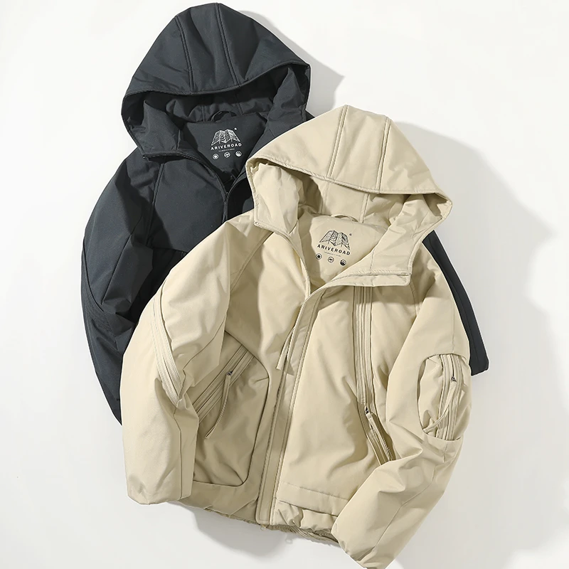 24新款90白鸭绒日系短款连帽羽绒服男款户外保暖面包服工装机能风