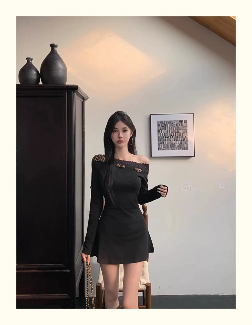 法式气质别致设计感豹纹丝巾拼接纯欲连衣裙性感收腰辣妹打底裙女