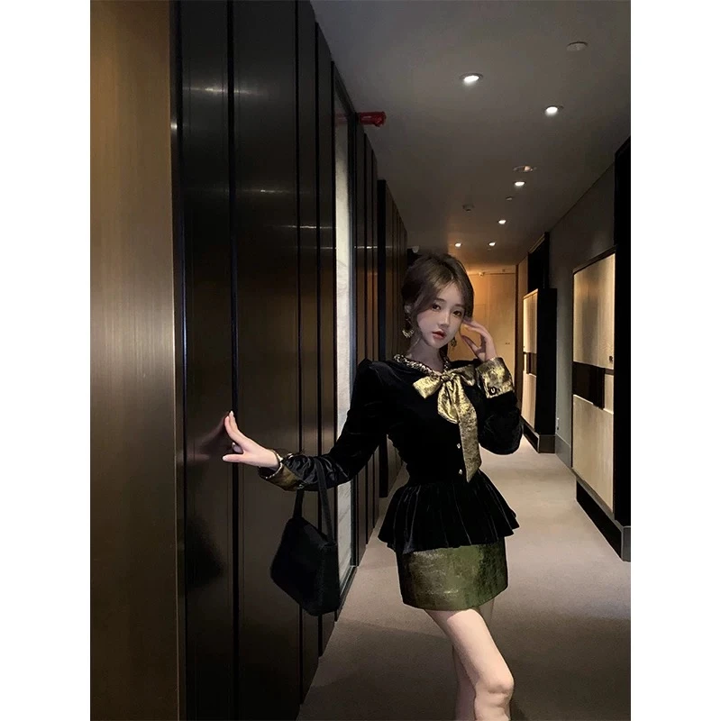 轻奢法式贵气黑金蝴蝶结丝绒长袖衬衫秋冬新款氛围感气质收腰上衣