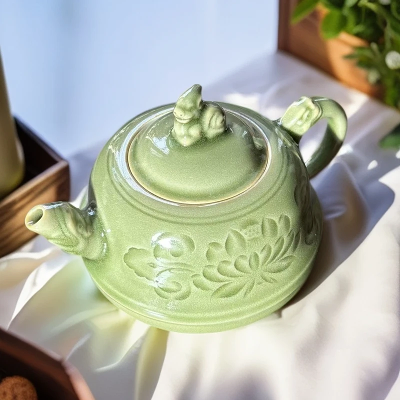 耀州窑龙把莲纹青瓷茶壶原矿原釉高温瓷复古手工青瓷家用茶道茶壶