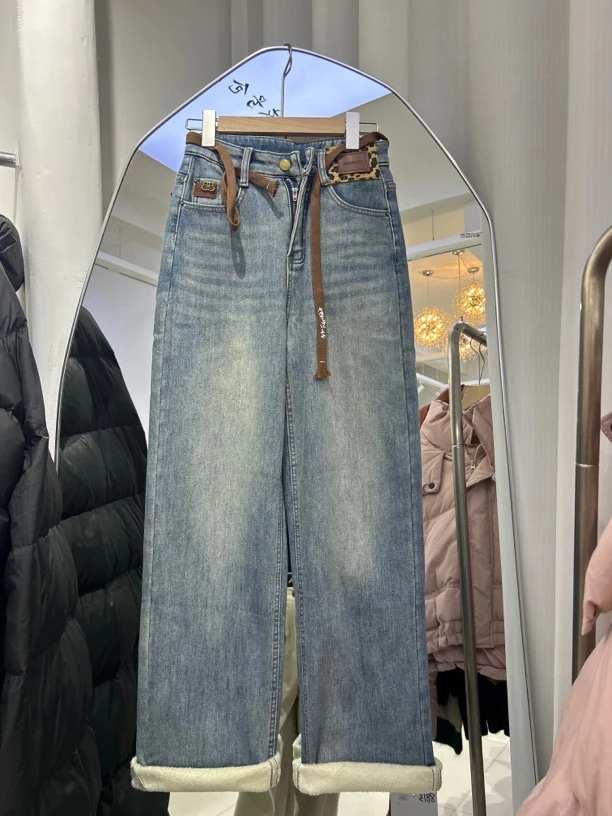 55525高腰窄版加绒加厚浅色牛仔豹纹标牛仔裤