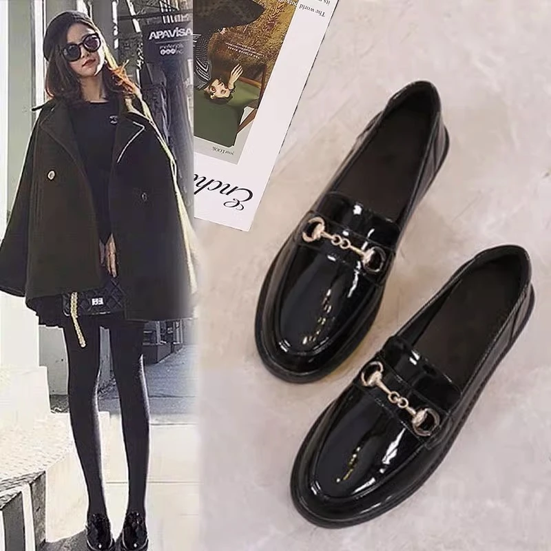 LOzP小皮鞋女鞋子2023新款韩版乐福鞋英伦风黑平底单鞋增高豆豆鞋