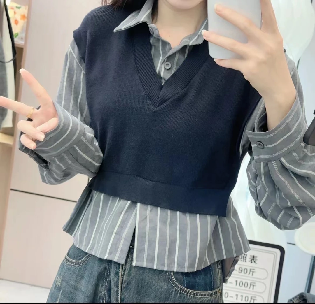 7326早春新款假两件针织拼接时尚百搭衬衣