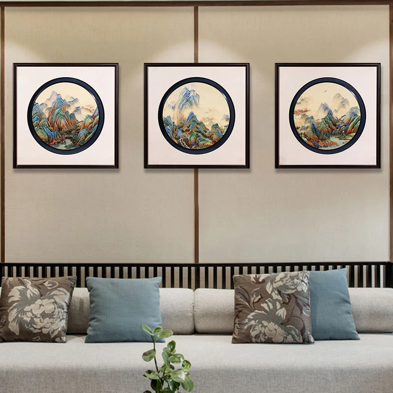 一涵汴绣手工千里江山三联画新中式茶室罗汉床挂画家居实木成品画
