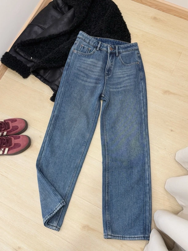 11高级灰蓝加厚绒立体裁剪阔腿裤牛仔裤2024新款