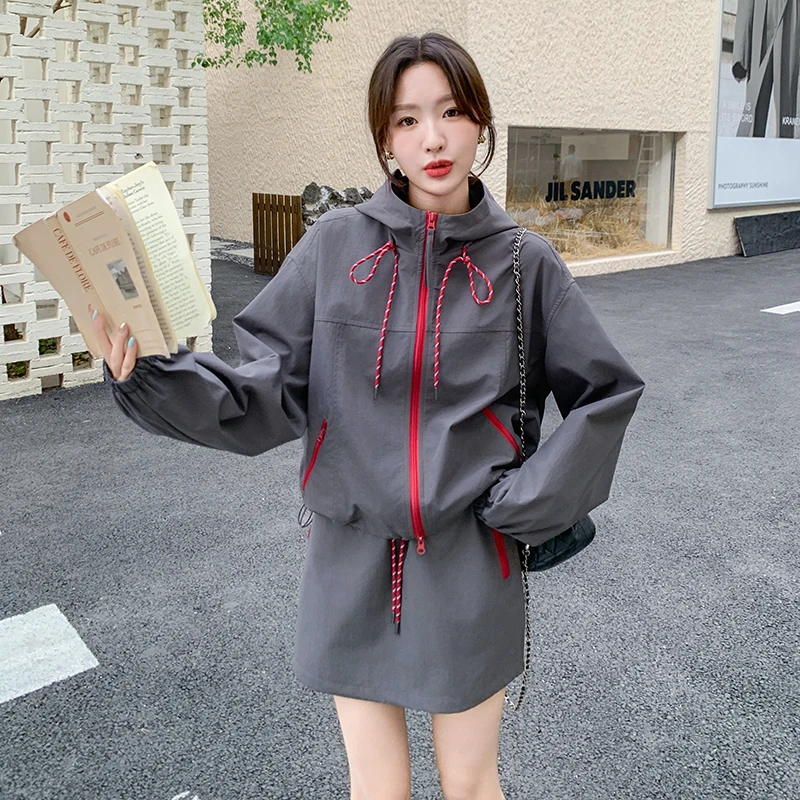 韩版早秋韩国东大门设计感连帽抽绳工装外套+A字淑女短裙运动套装