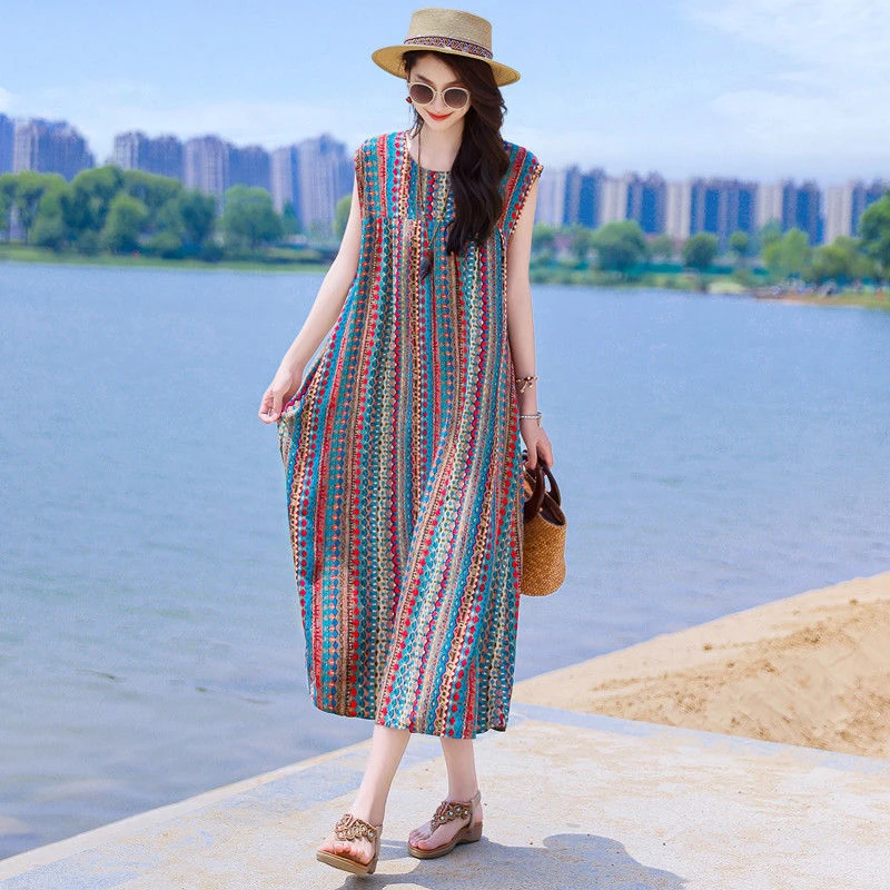 沙滩裙长裙超仙海边度假胖遮肉妈妈连衣裙加肥加大码裙子