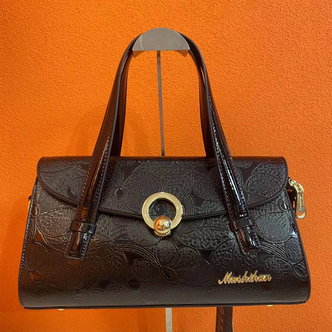 （底长34高20厚13CM）气质枕头款女士花开富贵手提包真皮女包9125黑