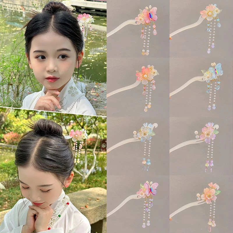 古风花朵发簪女高级感盘发流苏簪子琉璃汉服夏季古装女童步摇头饰