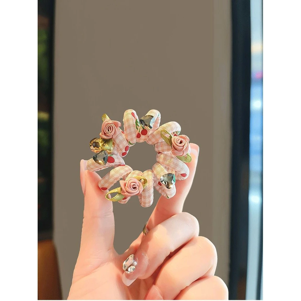 韩国东大门春夏新款粉色花朵电话线发圈简约无痕扎发皮筋丸子头绳