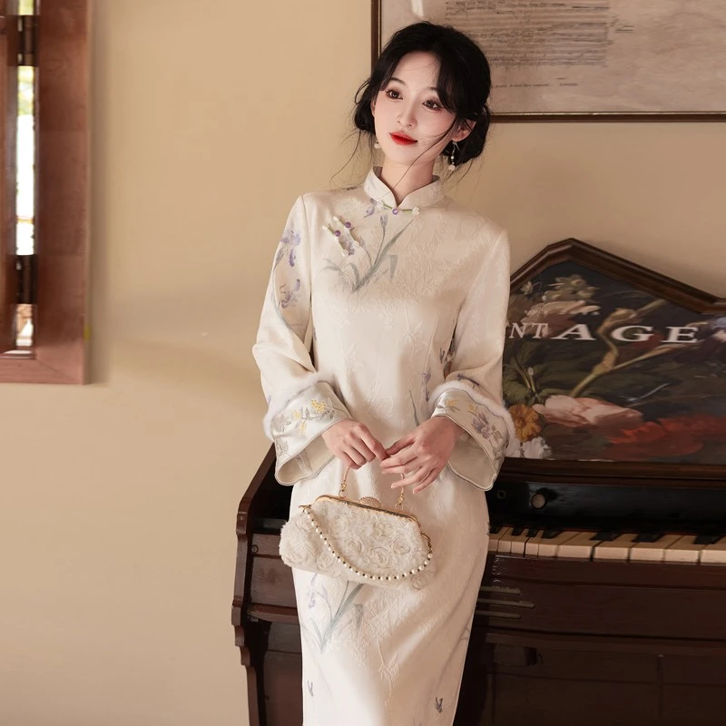 2464鸢尾花旗袍少女日常可穿倒大袖连衣裙加绒加厚古法新中式