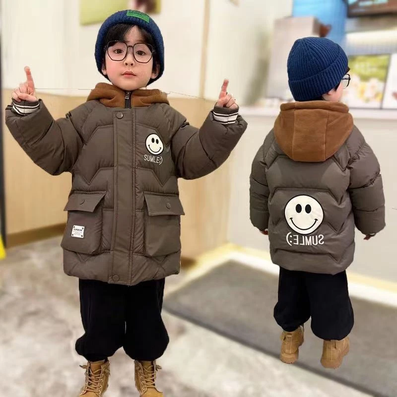 男童免洗棉服外套加绒加厚绣花笑脸棉袄