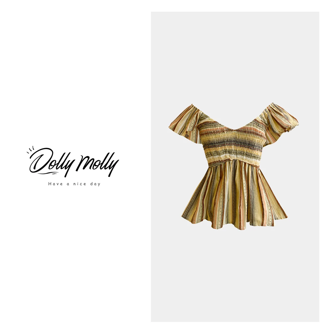 DOLLY&MOLLY黄彩条纹一字肩上衣夏秋多穿时尚复古气质设计感 176