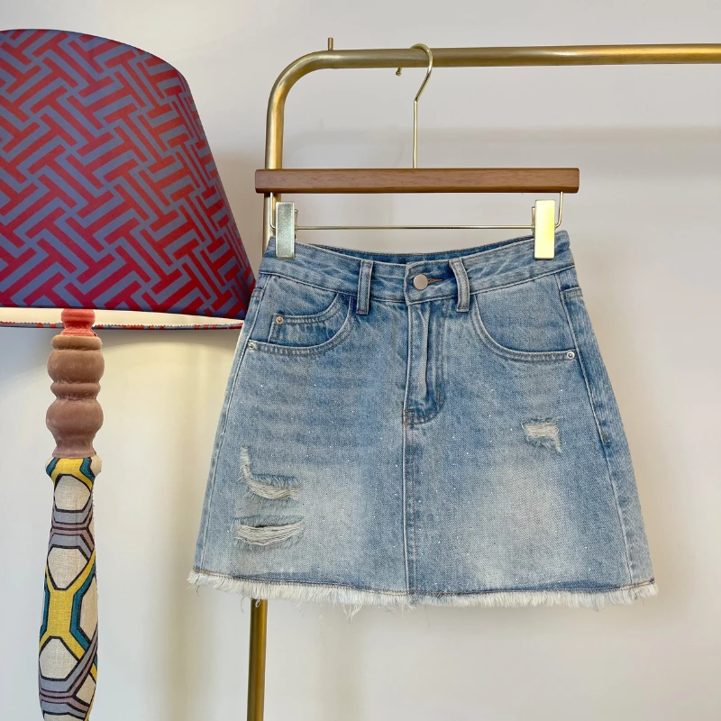 DOLLY&MOLLY复古蓝色烫钻毛边牛仔短裙女士重工高腰潮流破洞209