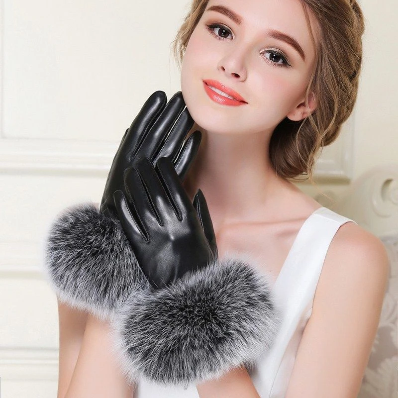 真皮手套女冬奢华超大狐狸毛口加绒加厚触屏开车修手女士皮手套