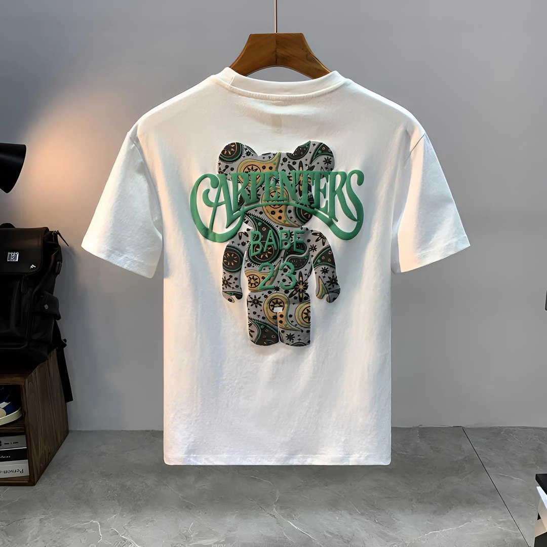 夏季纯棉T恤爆款潮牌网红小熊字母印花t恤男士修身百搭新款帅气