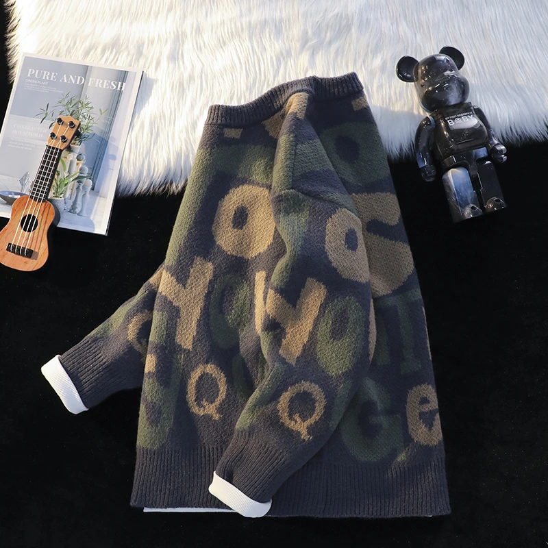 秋冬季圆领毛衣男痞帅高级感慵懒风针织衫加厚线衣潮牌打底衫毛衣