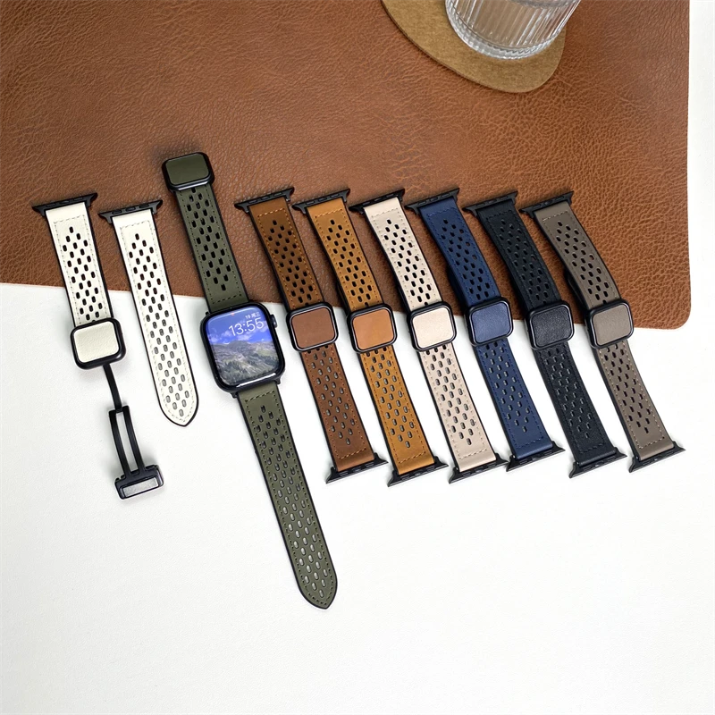 适用苹果Appleiwatch/S10/9/8SEultra手表表带磁吸方扣洞洞皮质