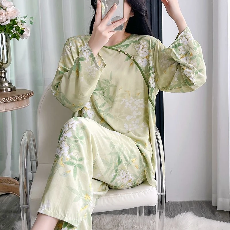 棉绸睡衣女春夏长袖新中式套头人造棉绵绸薄款宽松家居服套装外穿