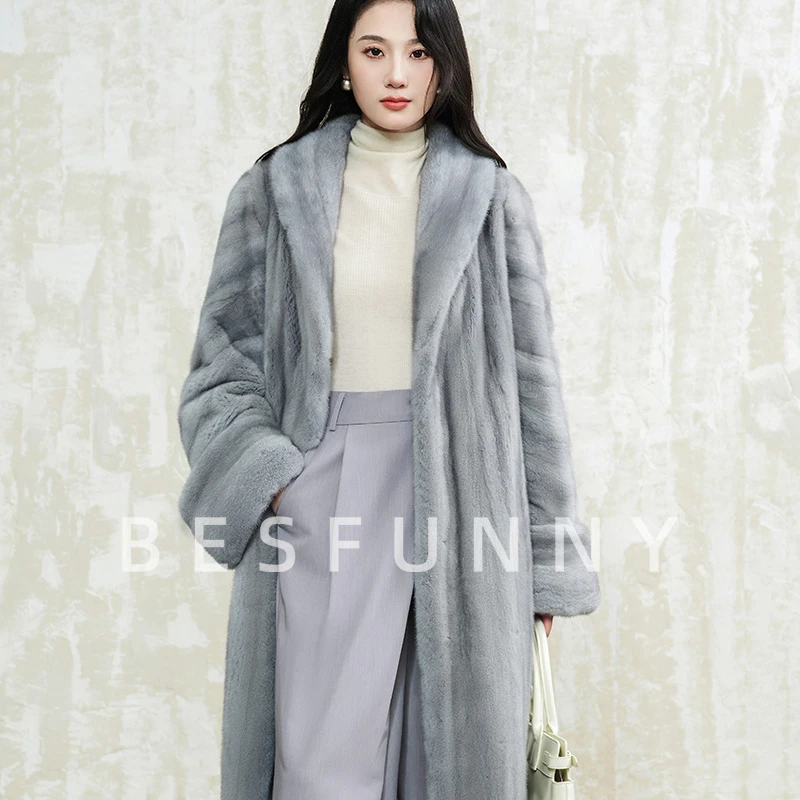 Besfunny露姐「灰赋」长款翻领全抽刀蓝宝石本色水貂皮草貂皮大衣
