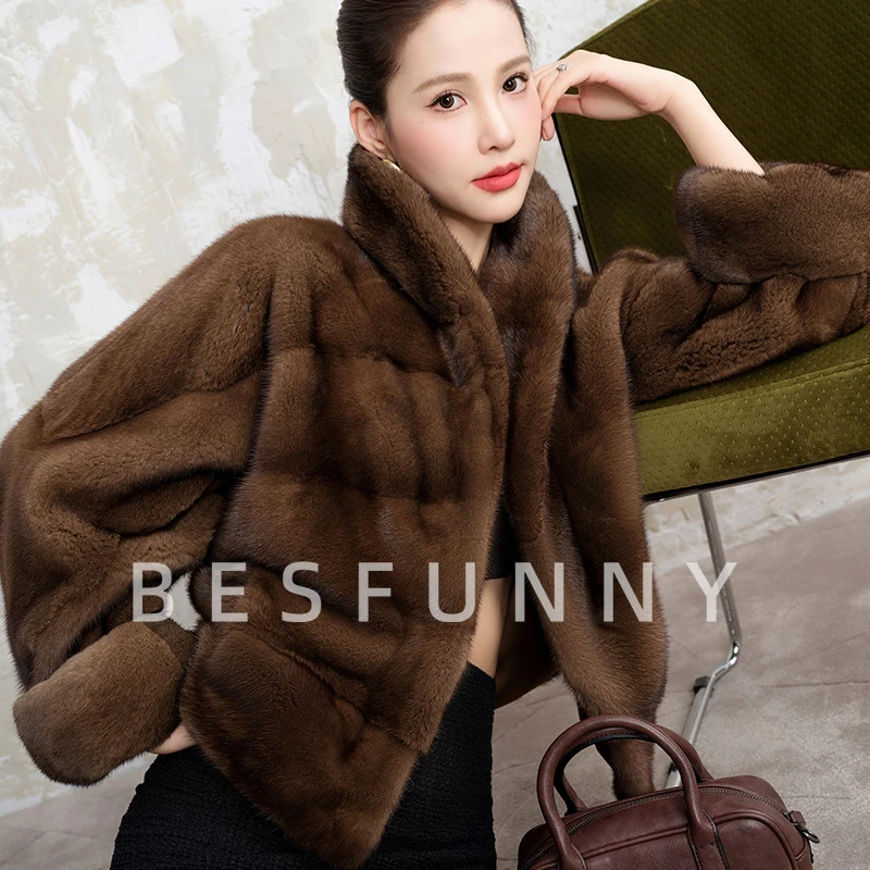 Besfunny露姐「布鲁克」短款咖啡本色大翻领水貂貂皮大衣皮草外套