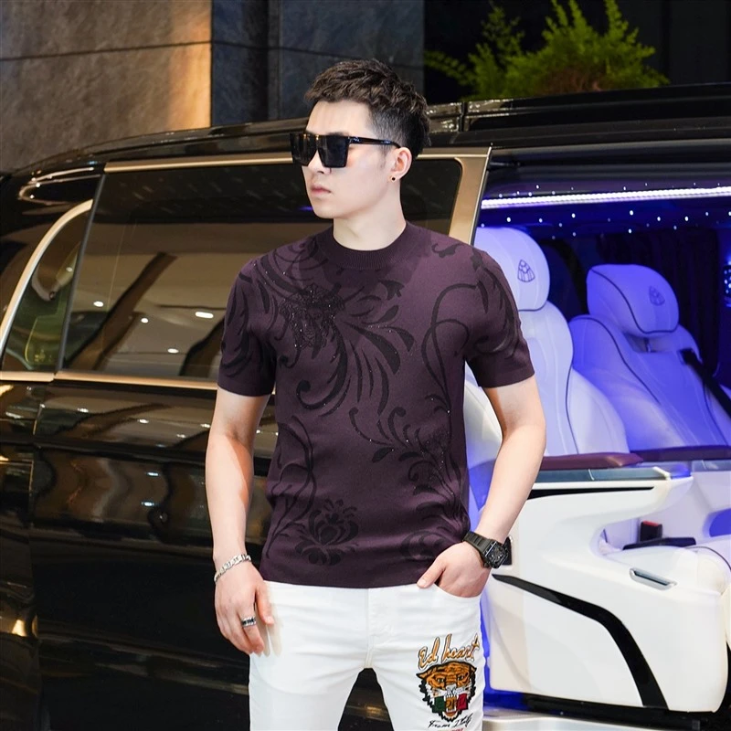 羊绒混纺针织衫男圆领短袖t恤男士打底衫毛衣2024夏季新款