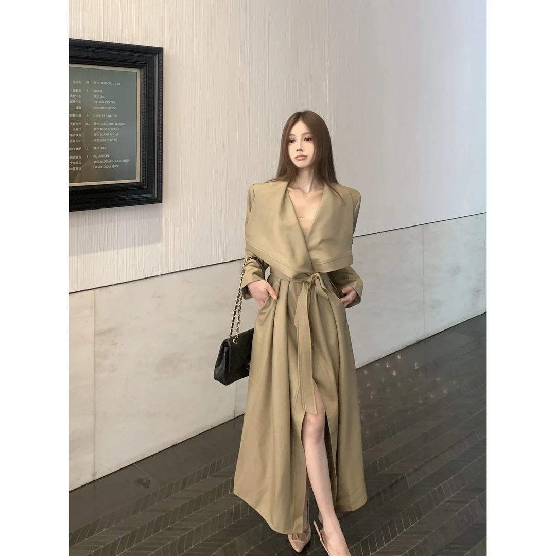 韩系老钱风设计简约长款腰带垂感长袖风衣女气质翻领宽松显瘦上衣