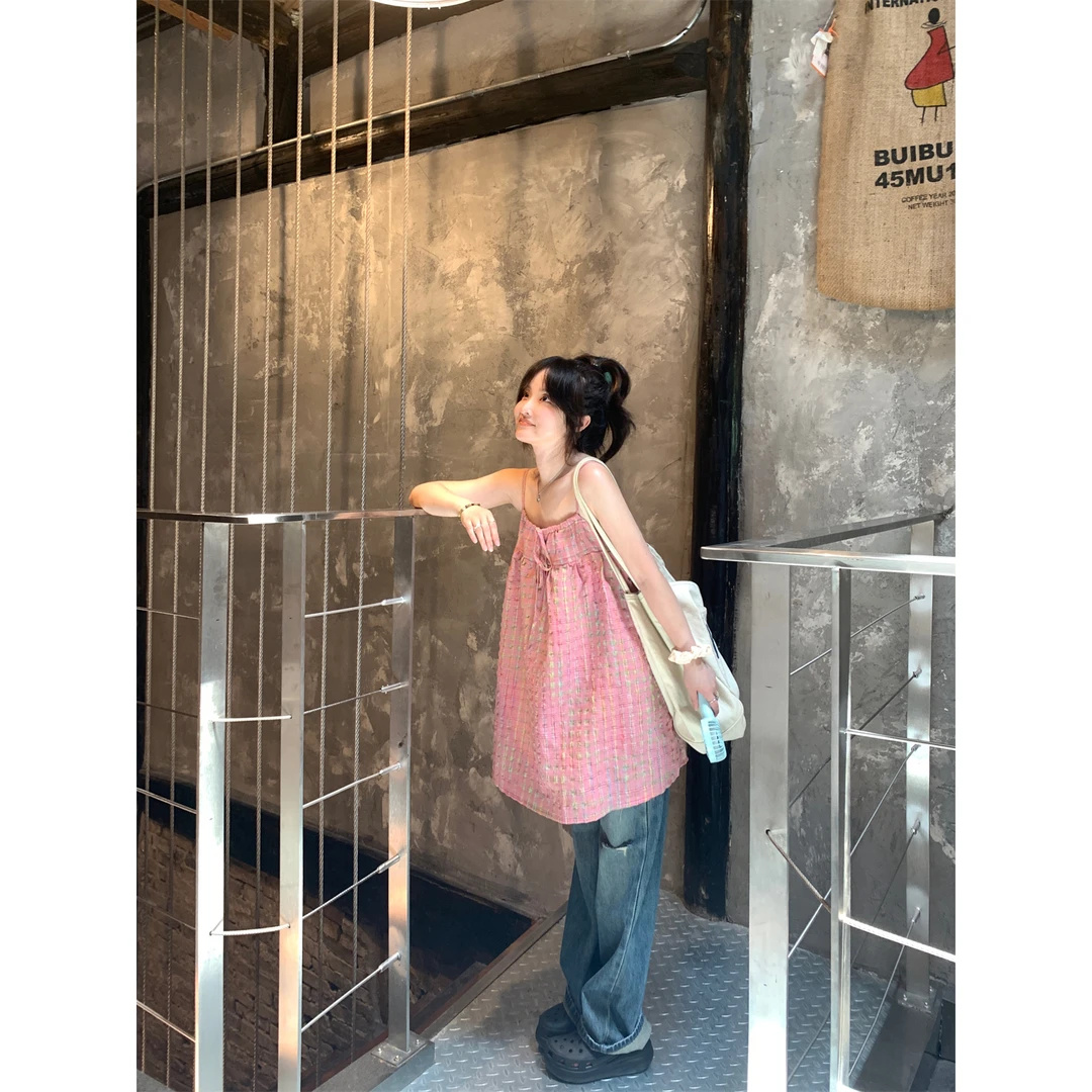 夏季新款彩虹格纹复古吊带连衣裙女韩系收腰显瘦绝美别致包臀裙子