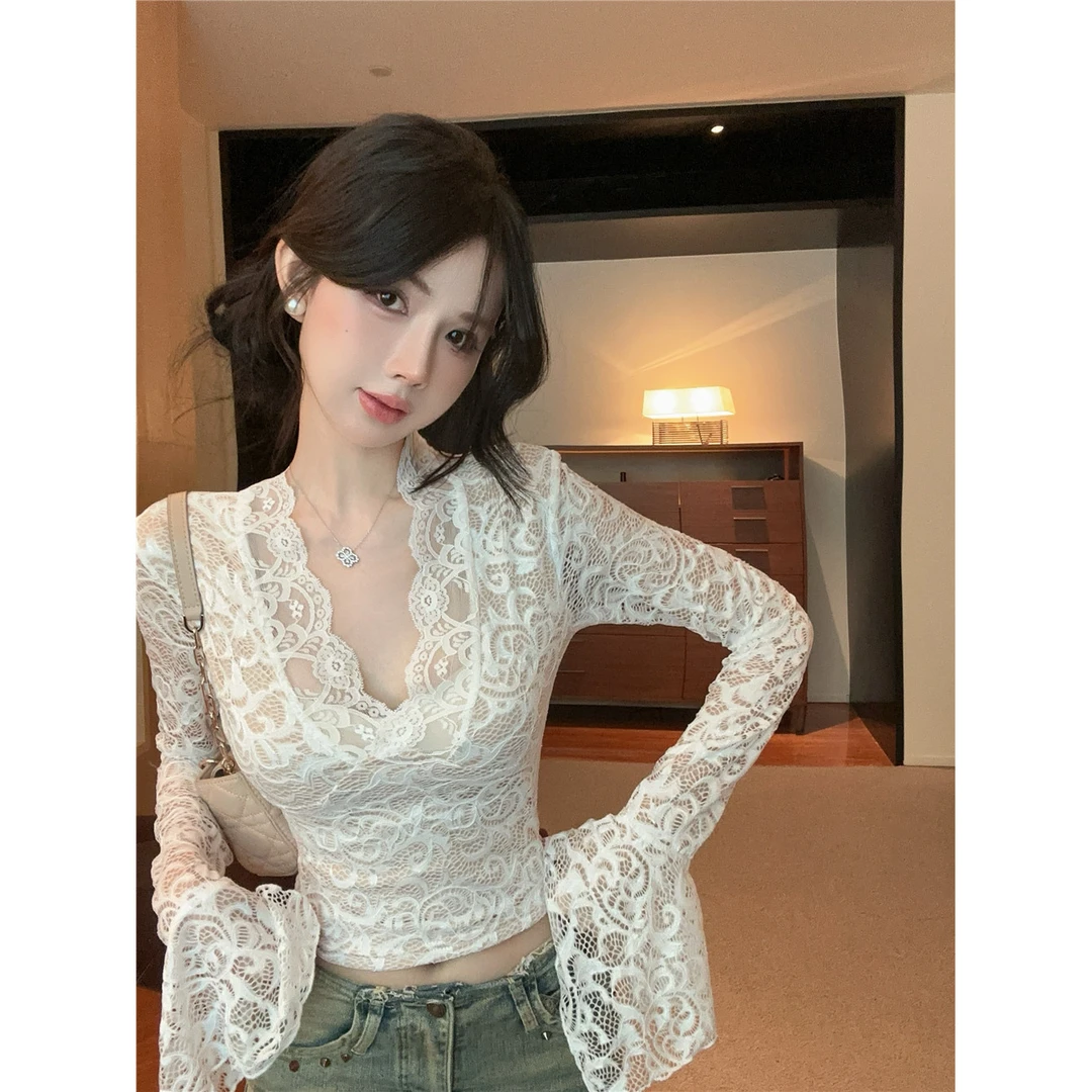 韩系辣妹气质V领蕾丝加厚长袖雪纺衫女时尚百搭小众设计感上衣服