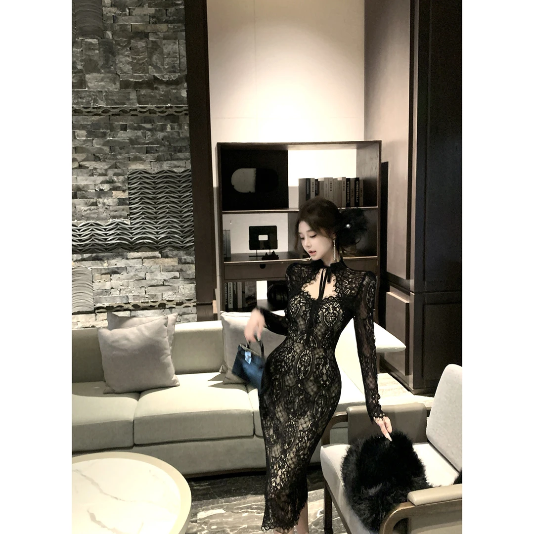 法式优雅纯欲绑带气质蕾丝长袖连衣裙女收腰显瘦绝美别致包臀裙子