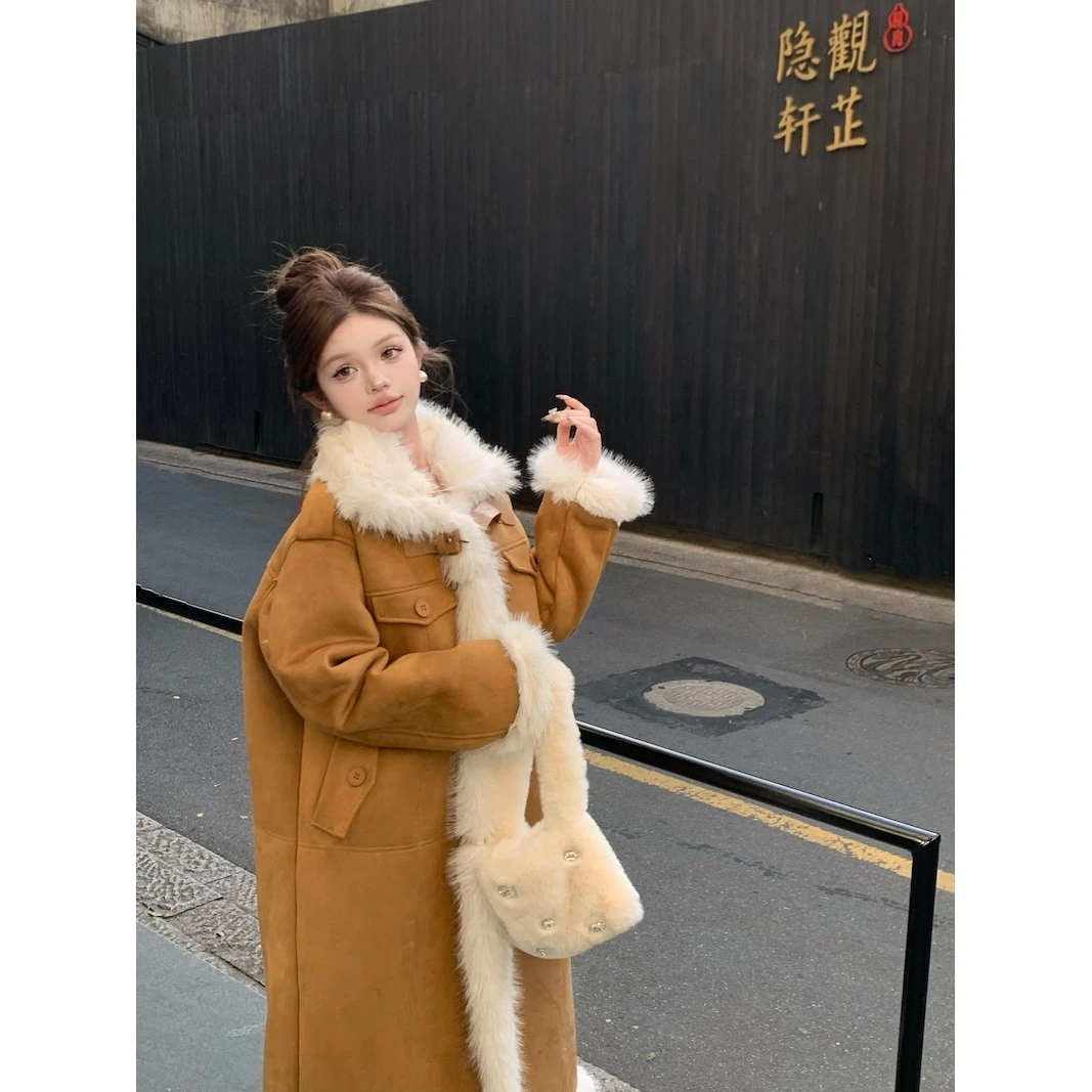 美拉德中长款皮毛一体立领长袖外套女时尚百搭绝美别致纯欲风上衣