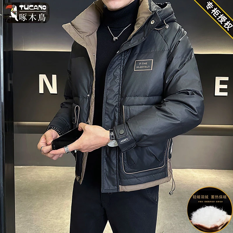啄木鸟羽绒服男冬季新款潮牌连帽加厚修身短款帅气羽绒冬装外套男