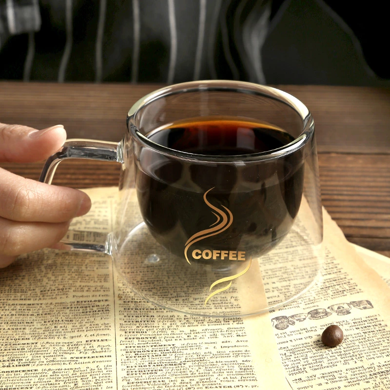 明尚德高硼硅双层防烫大容量玻璃时尚咖啡方克杯透明过滤耐热