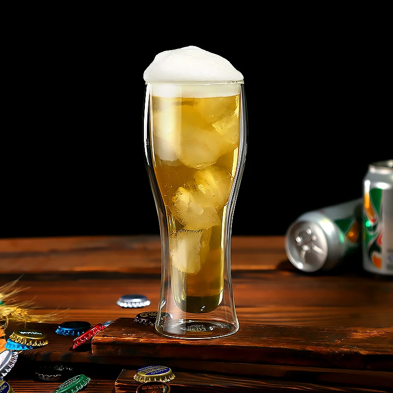 明尚德500ml双层啤酒杯双支装高硼硅玻璃高档大容量大号个性无铅