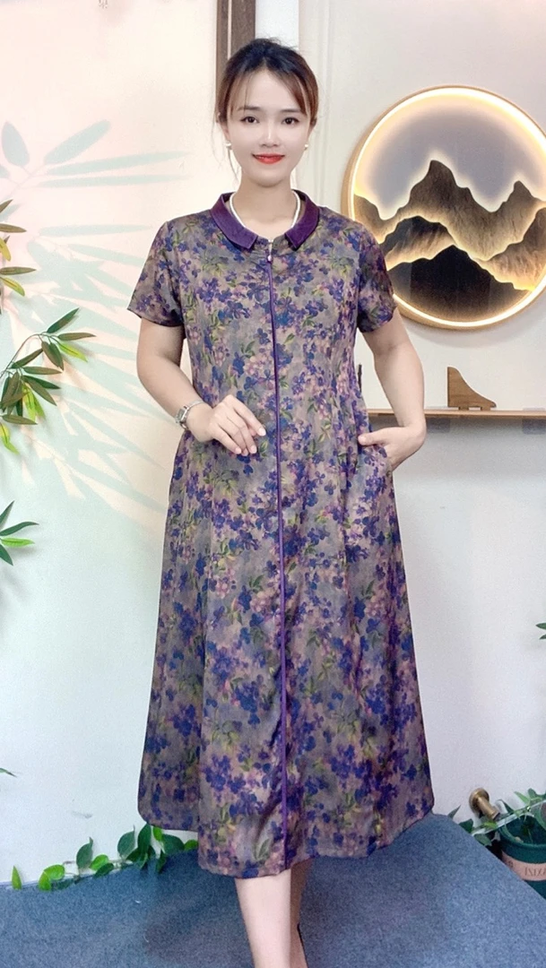 夏季新款小翻领520款碎花妈妈装旗袍大码显瘦中长款洋气花色气质