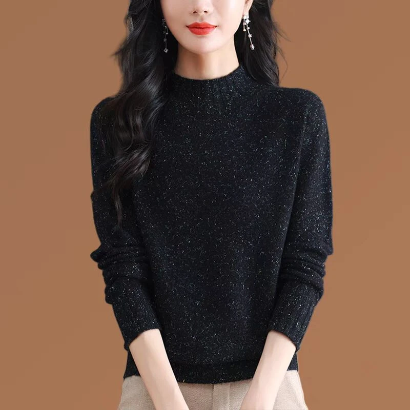 半高领羊绒衫女秋冬新款毛衣加厚亮丝宽松短款黑色针织羊毛打底衫