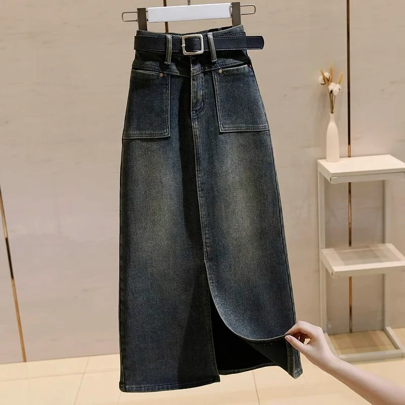 中长款牛仔半身裙女高腰2023秋季新款复古宽松显瘦开叉a字包臀裙
