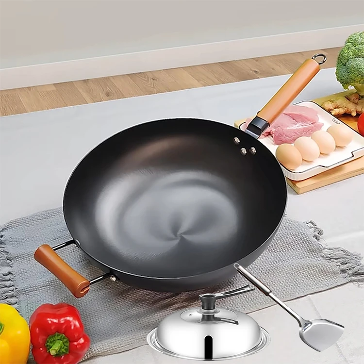 【炒锅三件】传统玄铁炒锅套装36CM无涂层炒菜手工凹面电磁炉专用