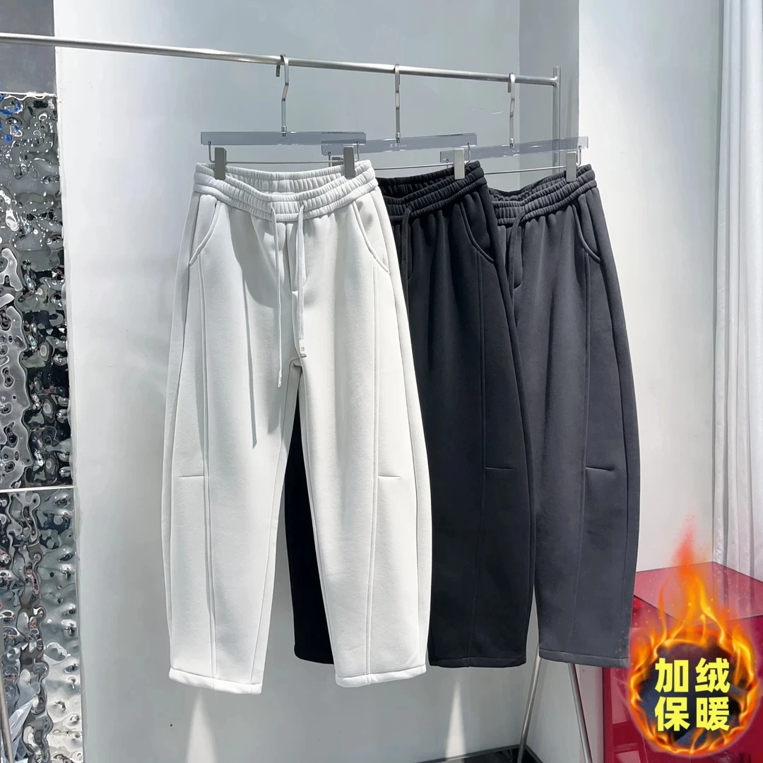 冬季加绒加厚立体裁剪磨毛情侣款宽松直筒显瘦弯刀休闲卫裤